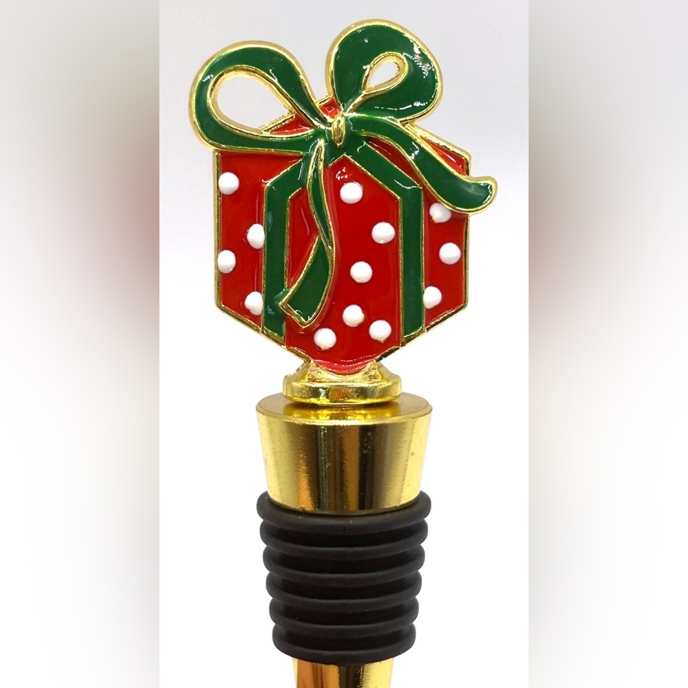 4" Whimsical Wrapped Polka Dot Christmas Gift Present w/ Bow Wine Bottle Stopper